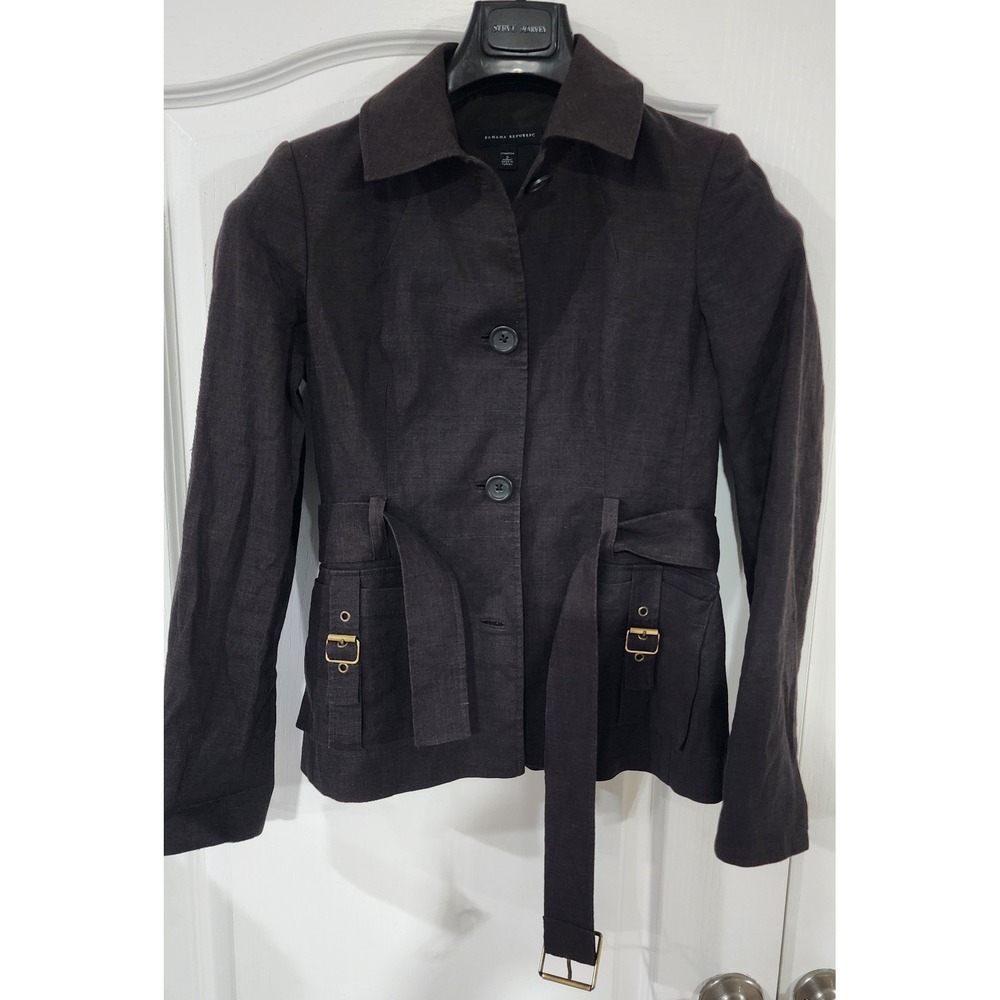 Banana Republic Women's Chocolate Brown Linen Stretch Belted Jacket Size 2